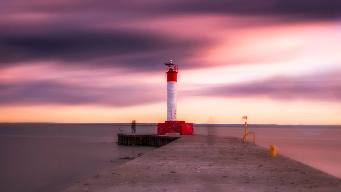 Oakville Lighthouse Pier Winter Snow Golden Hour