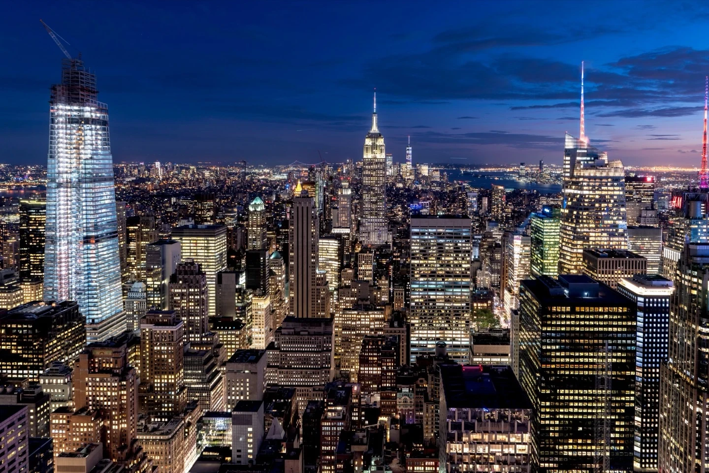 New York City Skyline Night Aerial View