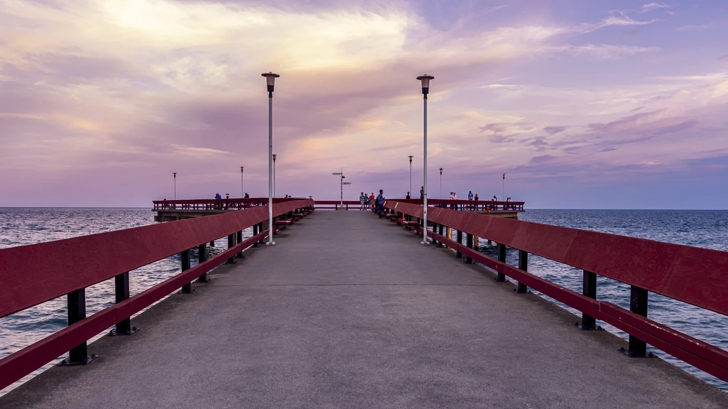 Pier Red Promenade Black White Skyline